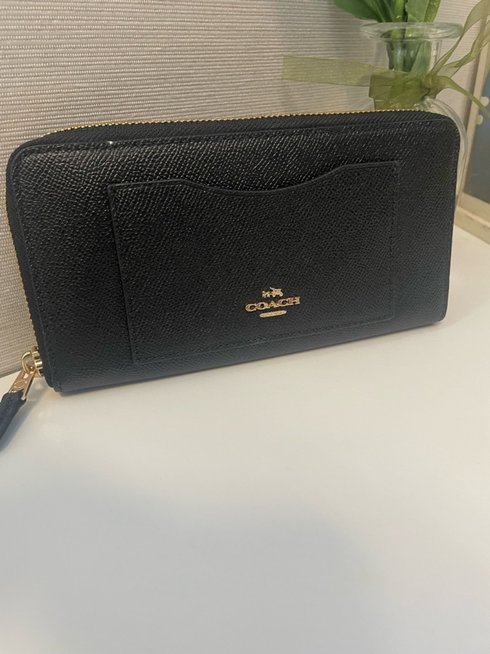 Coach Black Saffiano Zip Wallet with Gold Logo